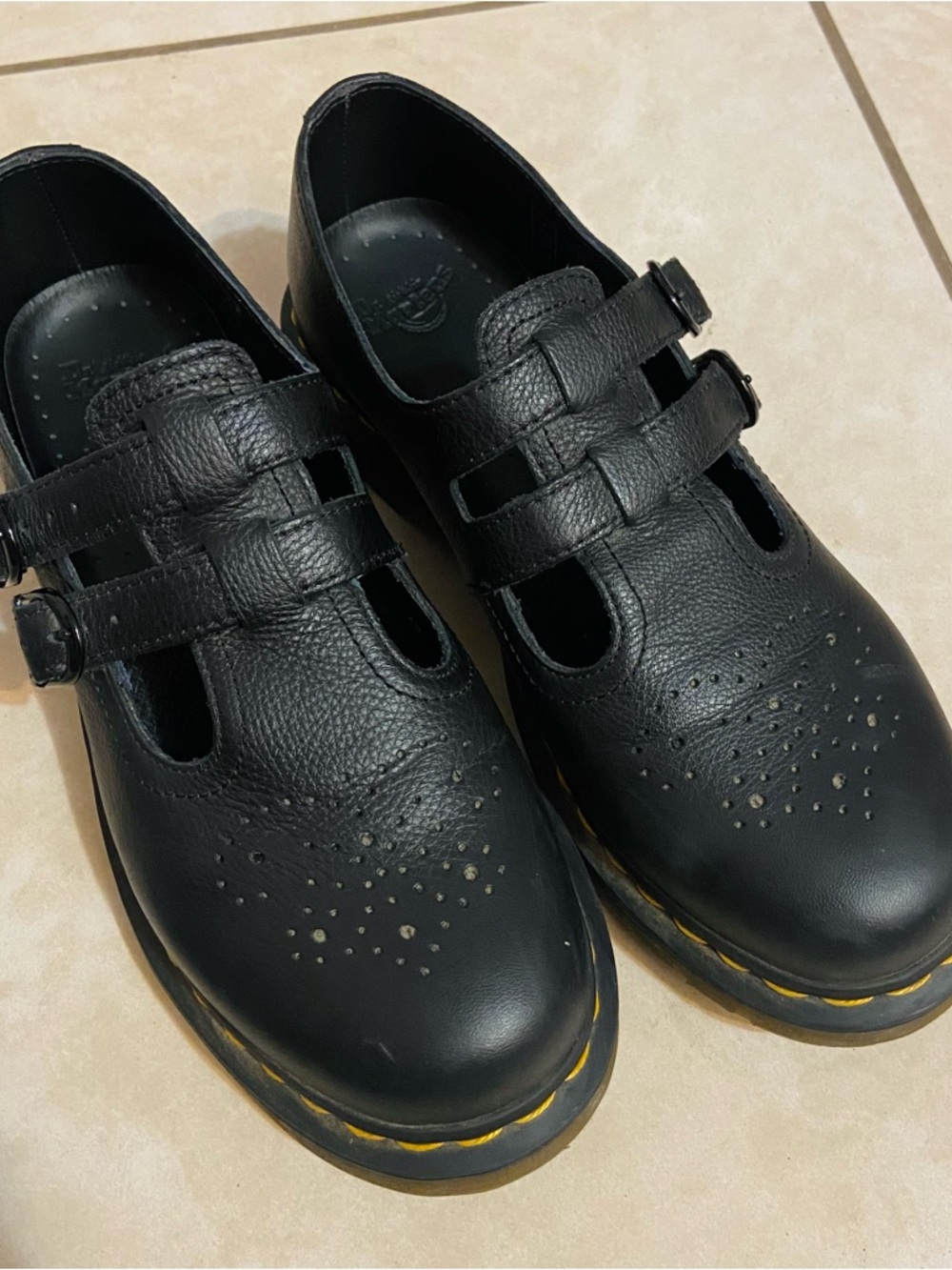 Dr. Martens Black Leather Mary Jane Flats with Yellow Stitching 9